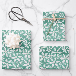 Big White Snowflakes Falling Green Background Wrapping Paper Sheet