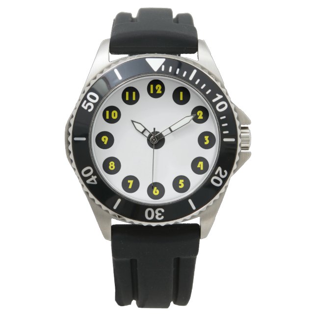 big yellow numbers on black circle watch (Front)