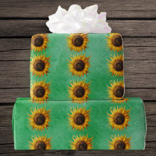 Big yellow Sunflowers Fancy Petals on Green Wrapping Paper