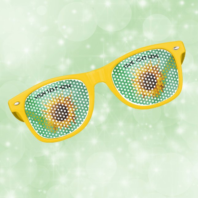 Big Yellow Sunflowers with Fancy Petals on Green Retro Sunglasses (Big yellow sunflower fancy petals on green on fun retro party glasses.)