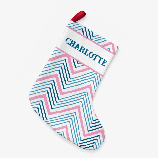Big Zag Chevron in Pink + Aqua Personalised Small Christmas Stocking (Front (Hanging))