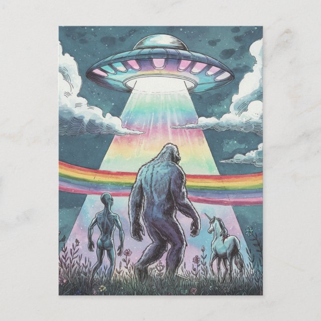 Bigfoot, Alien, and Unicorn with a UFO  Postcard (Front)