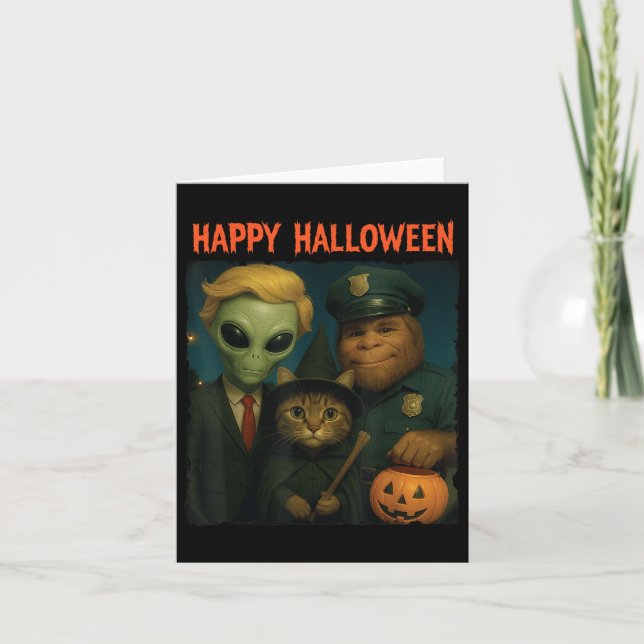 Bigfoot Alien Cat Funny Halloween Trick Treat Door Card (Front)