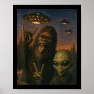 Bigfoot Alien Rock On Selfie Ufo Funny Gifts Men W Poster