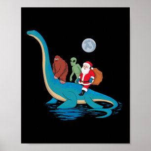 Bigfoot Alien Santa Claus Riding Dinosaur Christma Poster