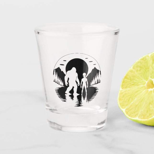 Bigfoot Alien UFO Cryptid Shot Glasses (Front)