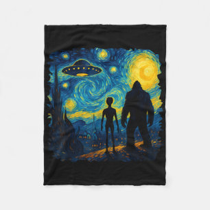 Bigfoot Alien Ufo Van Gogh Starry Night Sasquatch Fleece Blanket