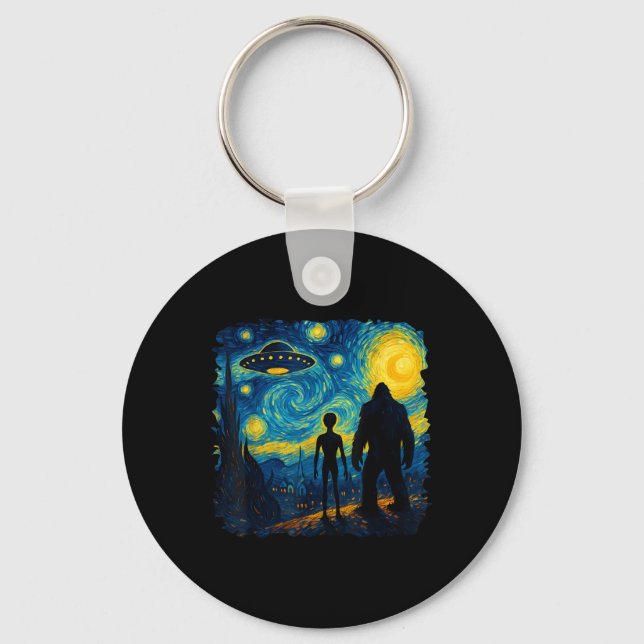 Bigfoot Alien Ufo Van Gogh Starry Night Sasquatch  Key Ring (Front)