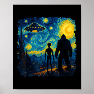Bigfoot Alien Ufo Van Gogh Starry Night Sasquatch  Poster