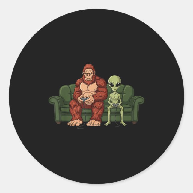Bigfoot Alien Video Games Gaming Sasquatch Ufo Men Classic Round Sticker (Front)