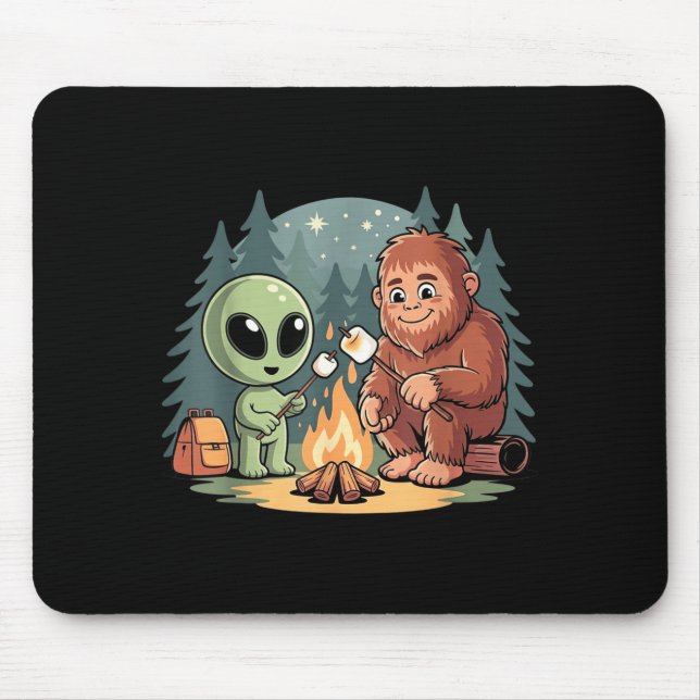 Bigfoot and alien campfire funny sasquatch ufo mouse mat (Front)