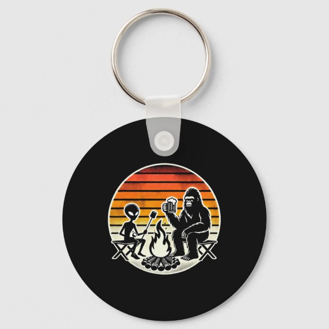 Bigfoot And Alien Camping Drinking Beer  Key Ring (Front)