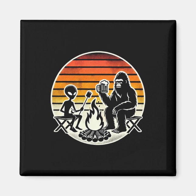 Bigfoot And Alien Camping Drinking Beer  Magnet (Front)