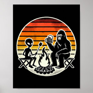 Bigfoot And Alien Camping Drinking Beer Poster