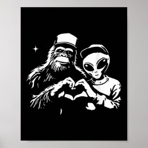 Bigfoot And Alien Heart Hands Funny Valentines Big Poster