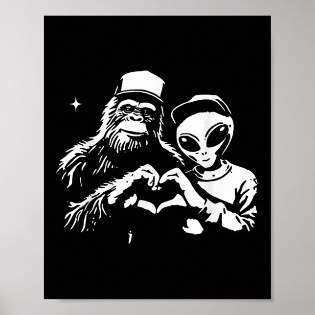 Bigfoot And Alien Heart Hands Funny Valentines Big Poster (Front)