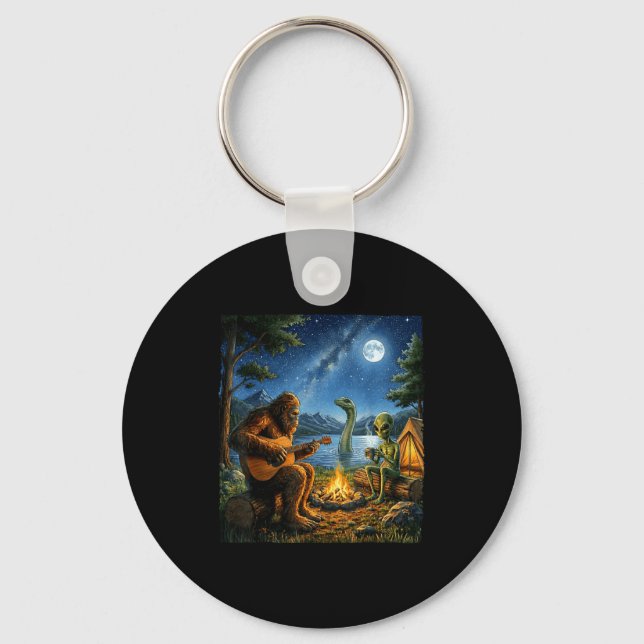 Bigfoot And Alien Loch Ness Campfire Sasquatch Fun Key Ring (Front)
