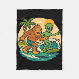 Bigfoot And Alien Surfing Graphic Beach Art Surfer Fleece Blanket