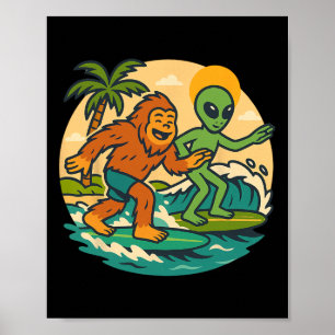 Bigfoot And Alien Surfing Graphic Beach Art Surfer Poster