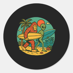 Bigfoot And Alien Surfing Vintage Beach Art Surfer Classic Round Sticker