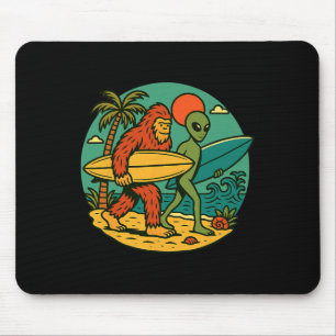 Bigfoot And Alien Surfing Vintage Beach Art Surfer Mouse Mat