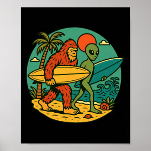 Bigfoot And Alien Surfing Vintage Beach Art Surfer Poster
