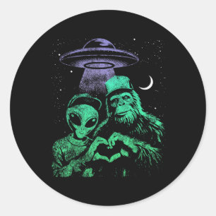 Bigfoot And Alien Tees Funny Sasquatch Love Hand S Classic Round Sticker
