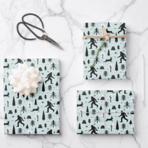 Bigfoot and Jackalope in the Woods Pattern Blue Wrapping Paper Sheet