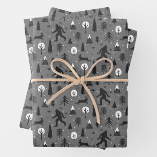 Bigfoot and Jackalope in the Woods Pattern Grey Wrapping Paper Sheet