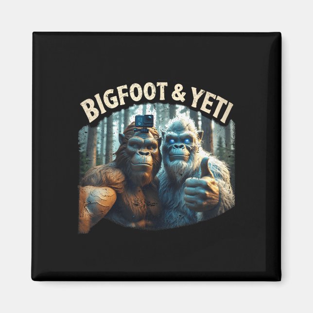 Bigfoot and yeti selfie cryptid squatch hunter magnet (Front)