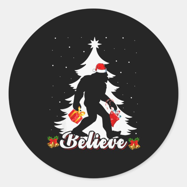 Bigfoot Believe Christmas Tree Funny Santa Sasquat Classic Round Sticker (Front)