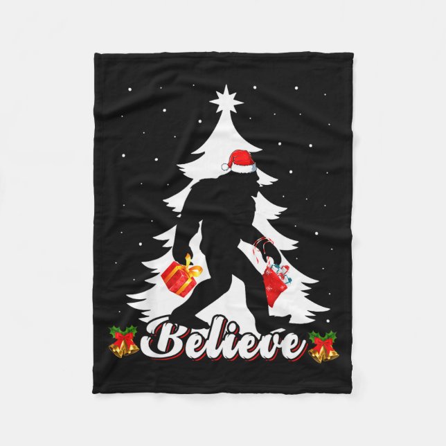 Bigfoot Believe Christmas Tree Funny Santa Sasquat Fleece Blanket (Front)