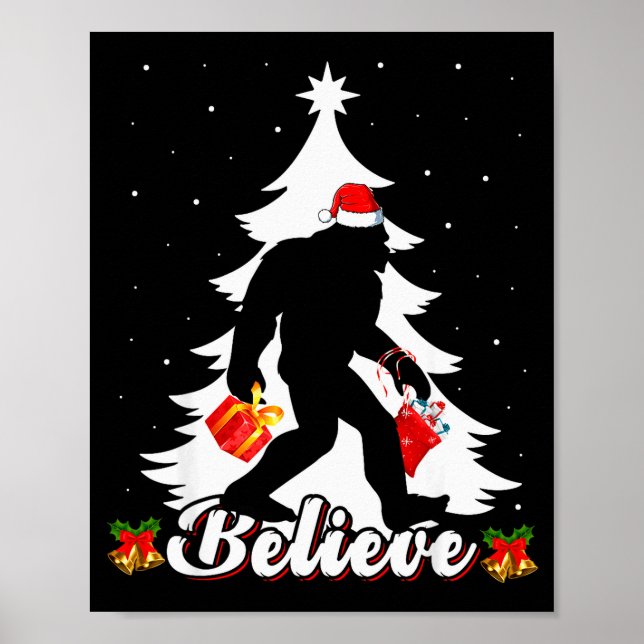 Bigfoot Believe Christmas Tree Funny Santa Sasquat Poster (Front)