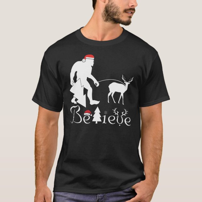 Bigfoot Believe Funny Christmas Reindeer Tree For  T-Shirt (Front)