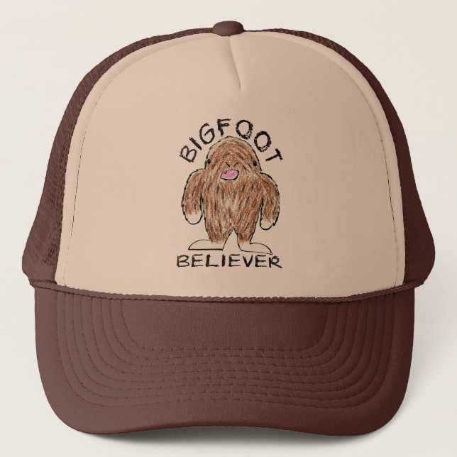 BIGFOOT BELIEVER - Fun Sasquatch Crayon Sketch Trucker Hat (Front)