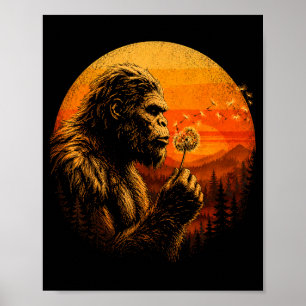 Bigfoot blowing dandelion retro sunset forest poster