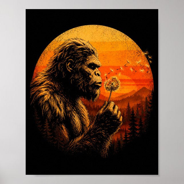 Bigfoot blowing dandelion retro sunset forest poster (Front)