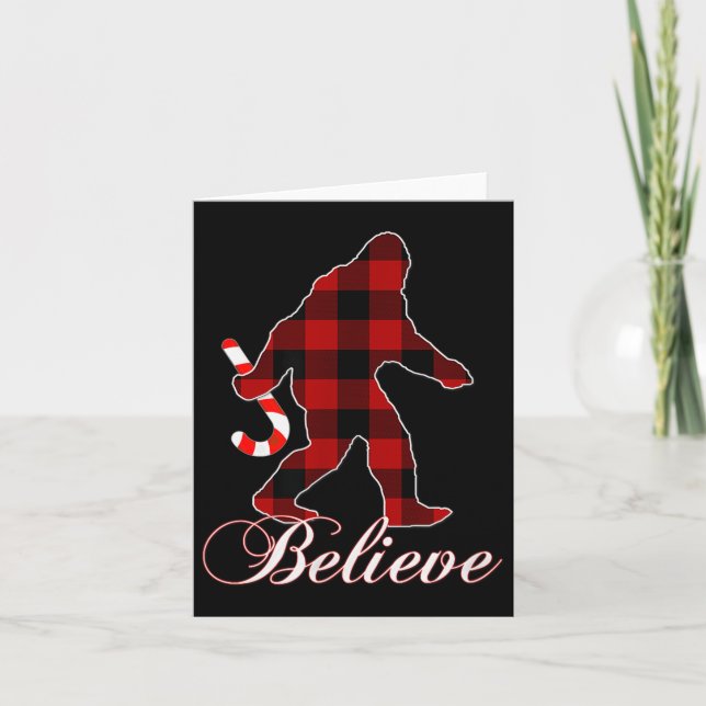 Bigfoot Buffalo Plaid Believe Candy Cane Christmas Card (Front)