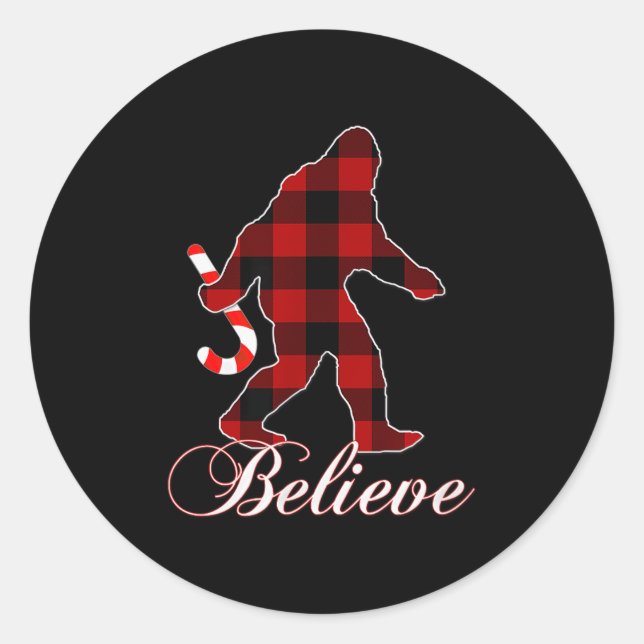 Bigfoot Buffalo Plaid Believe Candy Cane Christmas Classic Round Sticker (Front)