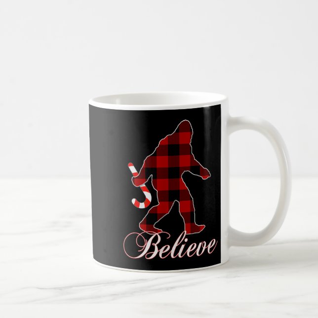 Bigfoot Buffalo Plaid Believe Candy Cane Christmas Coffee Mug (Right)