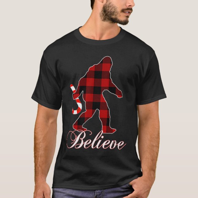 Bigfoot Buffalo Plaid Believe Candy Cane Christmas T-Shirt (Front)