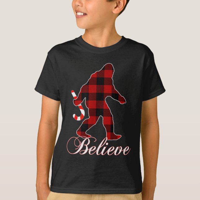 Bigfoot Buffalo Plaid Believe Candy Cane Christmas T-Shirt (Front)