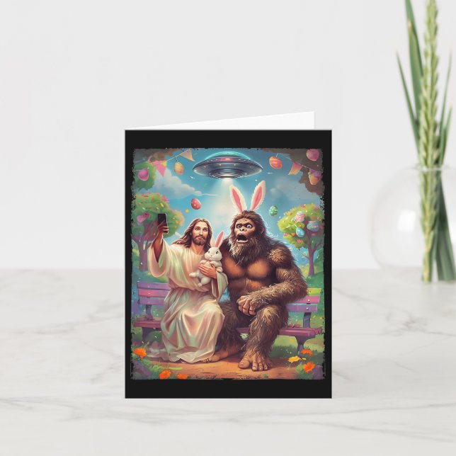 Bigfoot Bunny Funny Easter Jesus Sasquatch Selfie  Card (Front)