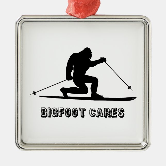 Bigfoot Cares Telemark Skiing Metal Tree Decoration (Front)