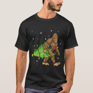 Bigfoot Carrying Christmas Tree Lights Sasquatch S T-Shirt