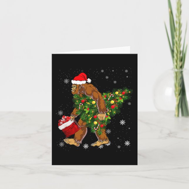 Bigfoot Carrying Christmas Tree Sasquatch Believer Card (Front)