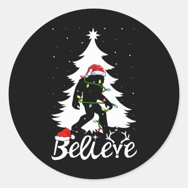 Bigfoot Carrying Christmas Tree Sasquatch Believer Classic Round Sticker (Front)