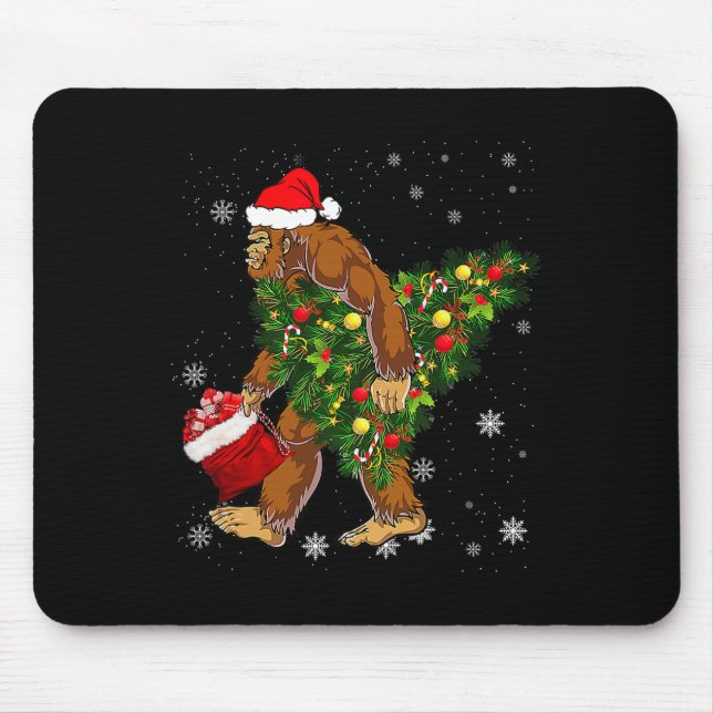 Bigfoot Carrying Christmas Tree Sasquatch Believer Mouse Mat (Front)