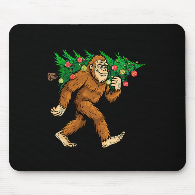 Bigfoot Carrying Christmas Tree Sasquatch Believer Mouse Mat (Front)