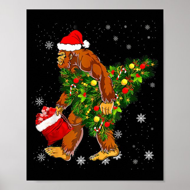Bigfoot Carrying Christmas Tree Sasquatch Believer Poster (Front)